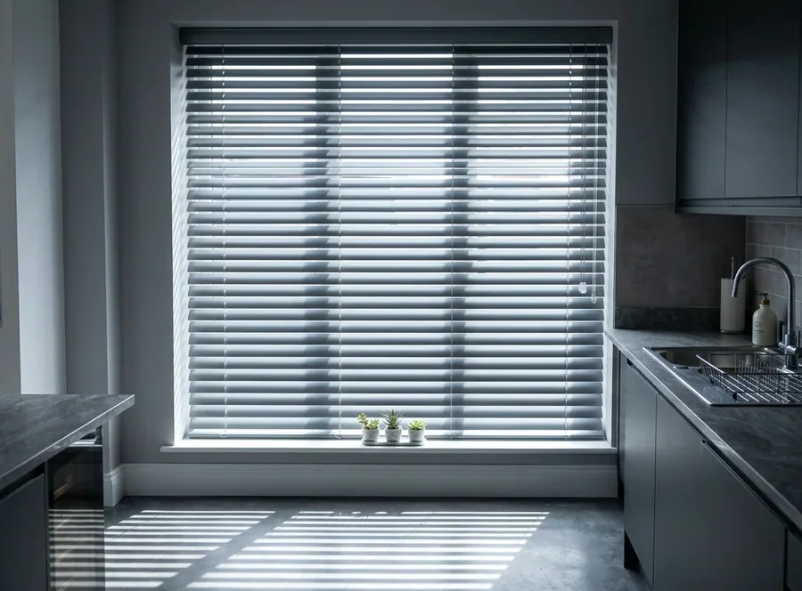 Aluminium venetian blind with fine horizontal slats in a kitchen