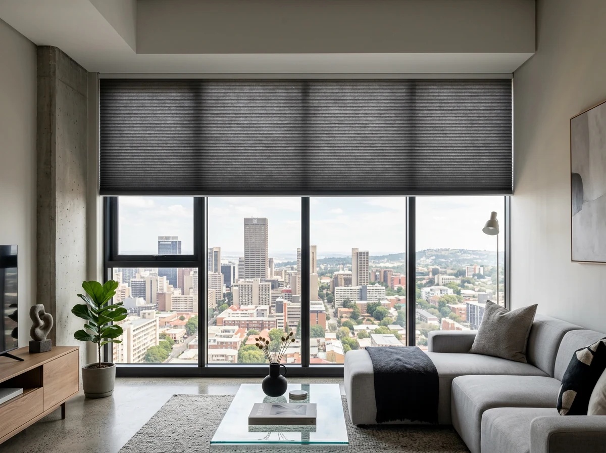 Cordless cellular honeycomb blind lowered in a playroom, double-cell weave catching afternoon light