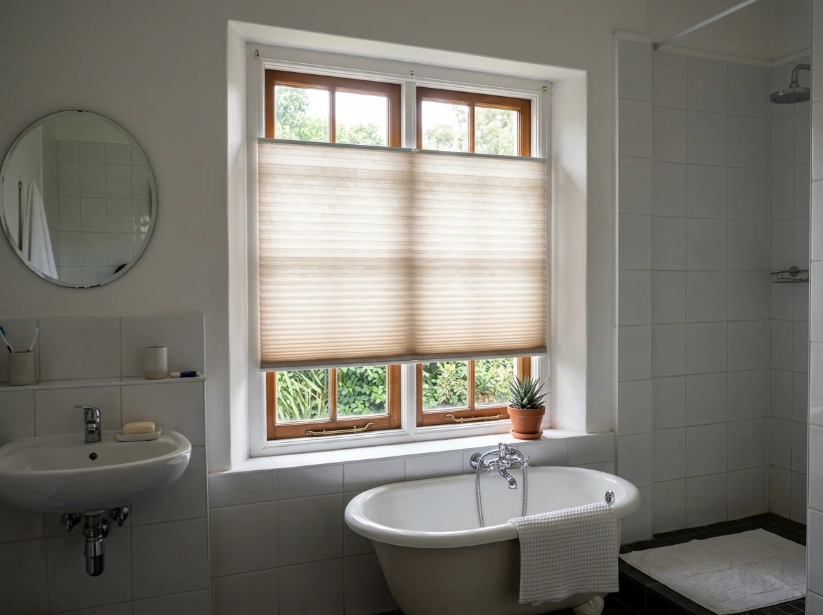 Cellular honeycomb blind fitted to a compact bathroom window, moisture-resistant pleated fabric lowered