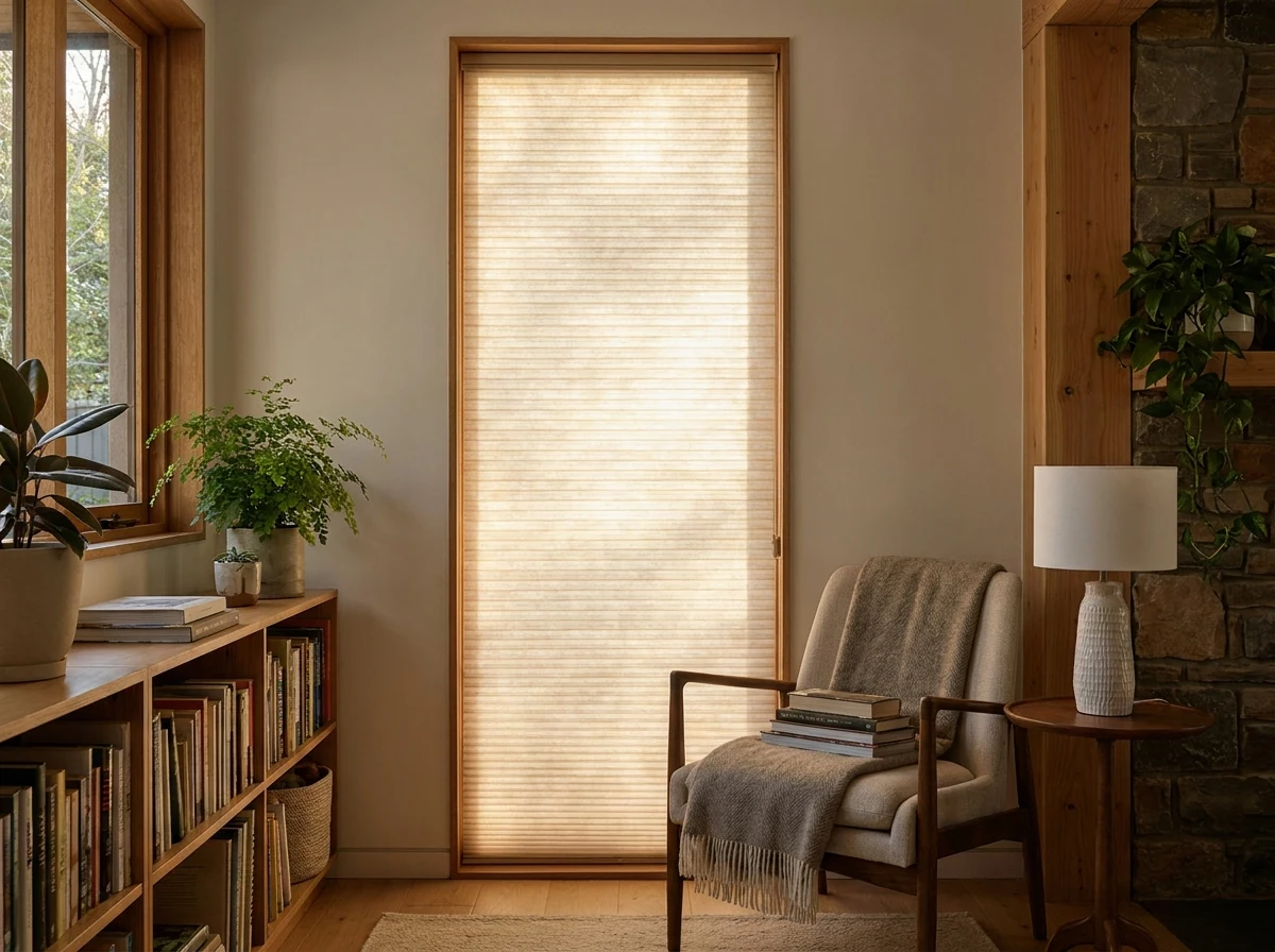 Cellular honeycomb blind lowered over a tall narrow window in a reading nook, trapped-air cells backlit by afternoon sun