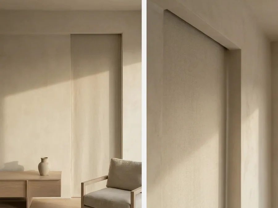 Blind fabric dropping from a concealed ceiling slot, no tube or brackets visible