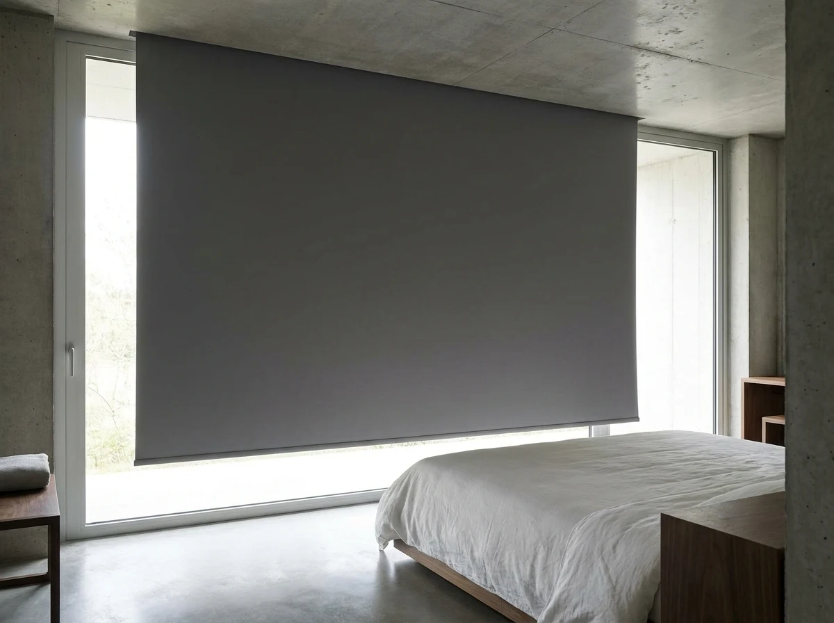 Blind fabric dropping from a concealed ceiling slot above a bed, no tube or bracket visible