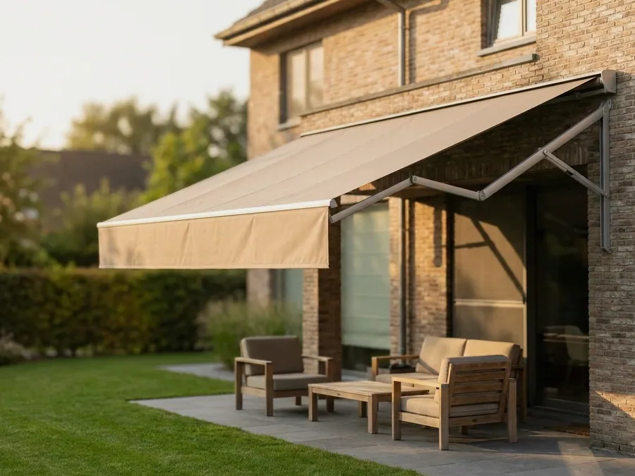 Folding-arm awning extended over a patio seating area with no supporting posts