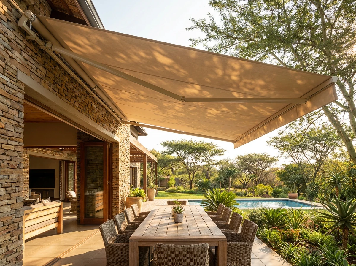 Folding-arm awning extended over an outdoor dining table, dappled shade falling across it