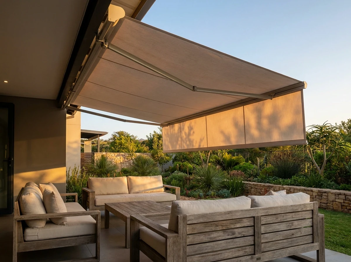 Folding-arm awning extended above an outdoor lounge suite, warm late-afternoon light filtering through the edge