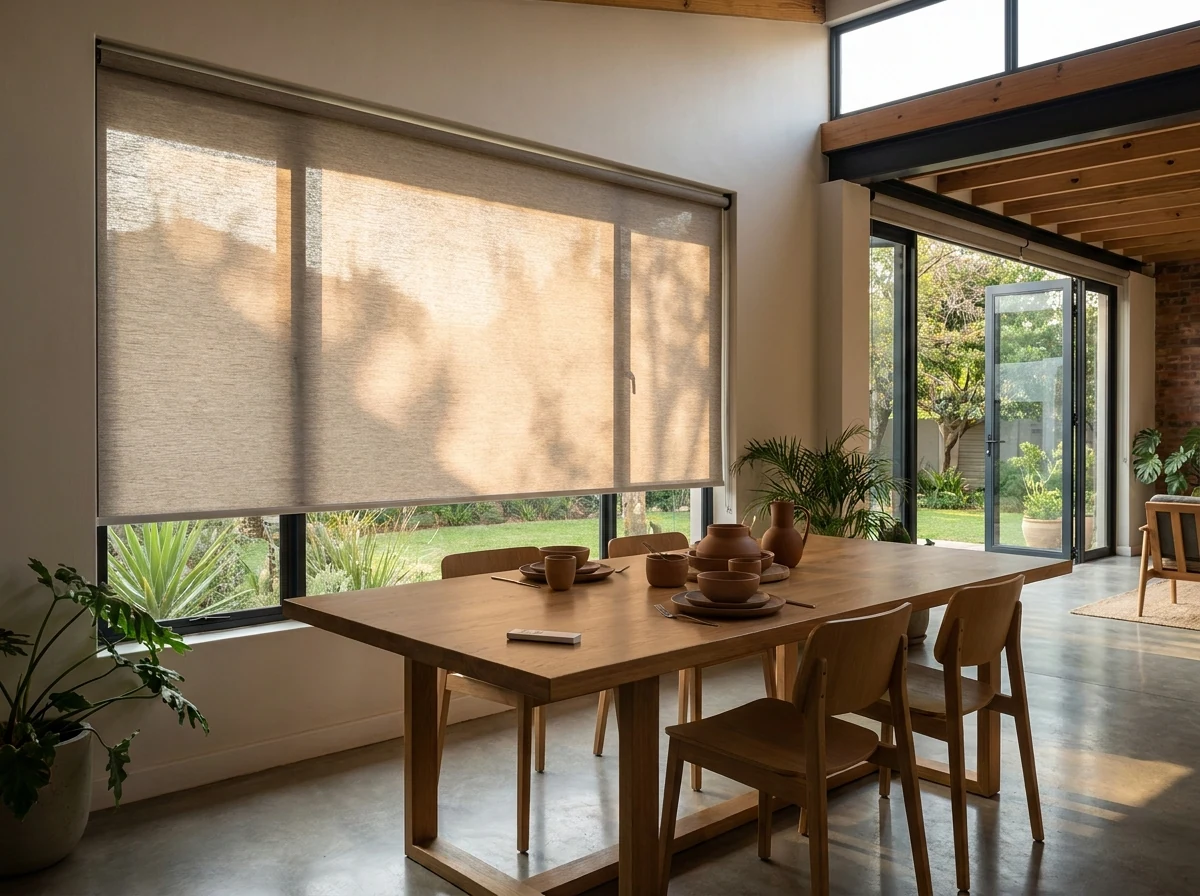 Motorised roller blind lowering in a dining room, remote resting on the table