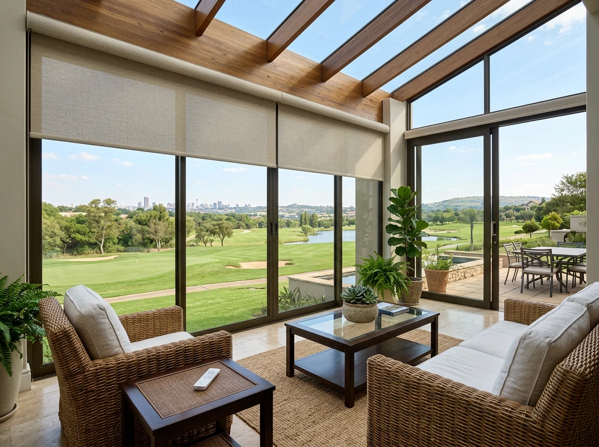Motorised roller blind lowering over a sunroom window in a golf estate home, remote resting on a side table