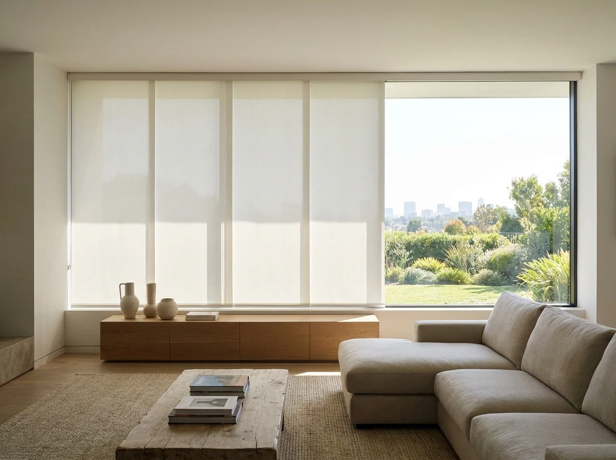 Panel blinds covering a very wide window in a modern living area, flat fabric panels aligned edge to edge