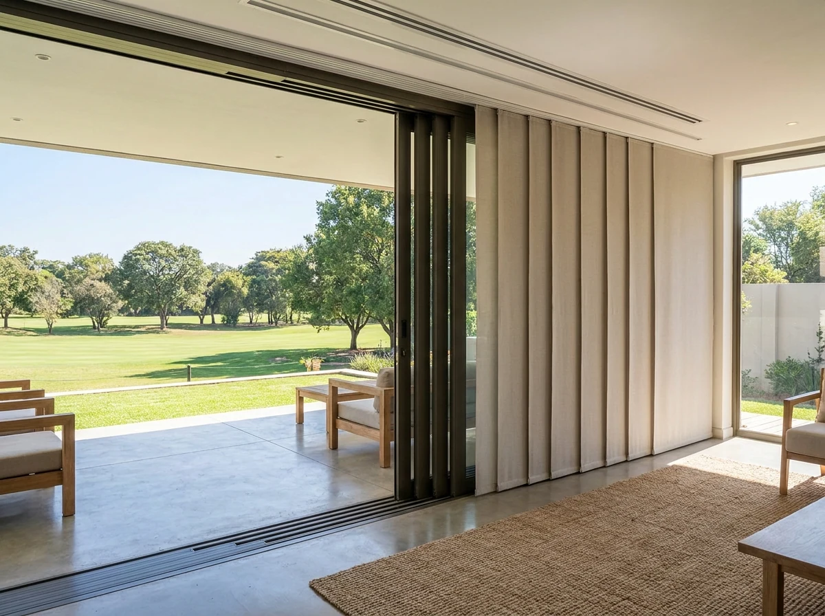 Panel blinds gliding on a multi-channel track across a stack door, fairway view through the open panels