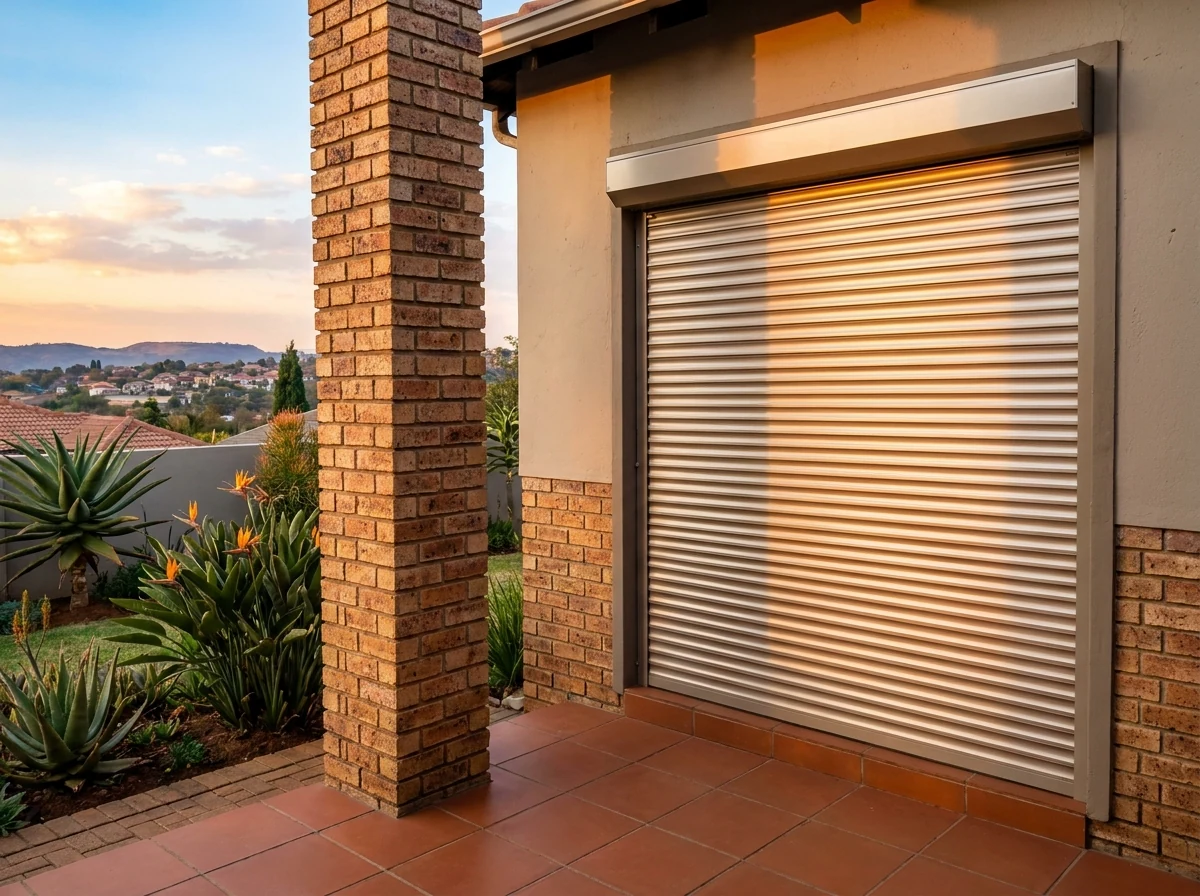 External aluminium roller shutter fully lowered over a patio door, slats catching the last afternoon sun