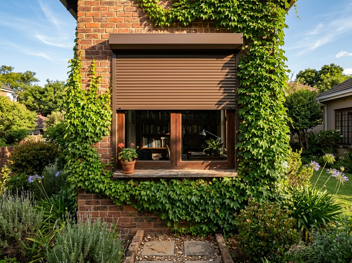 External roller shutter rolled halfway down a study window, ivy climbing beside the frame
