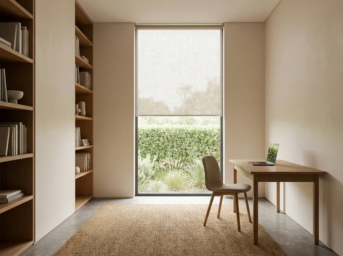 Sunscreen roller blind lowered from a slim headrail in a minimalist study