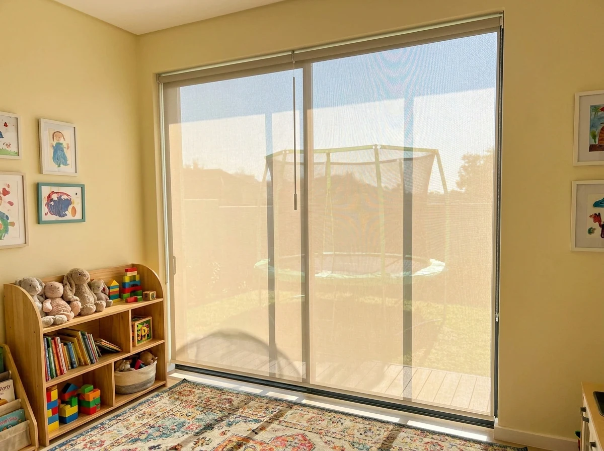 Sunscreen roller blind lowered in a playroom with a cordless wand control, garden trampoline still visible