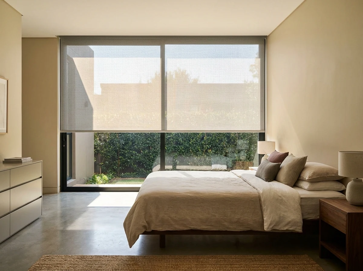 Sunscreen roller blind lowered in a cluster-home bedroom, the garden hedge still visible