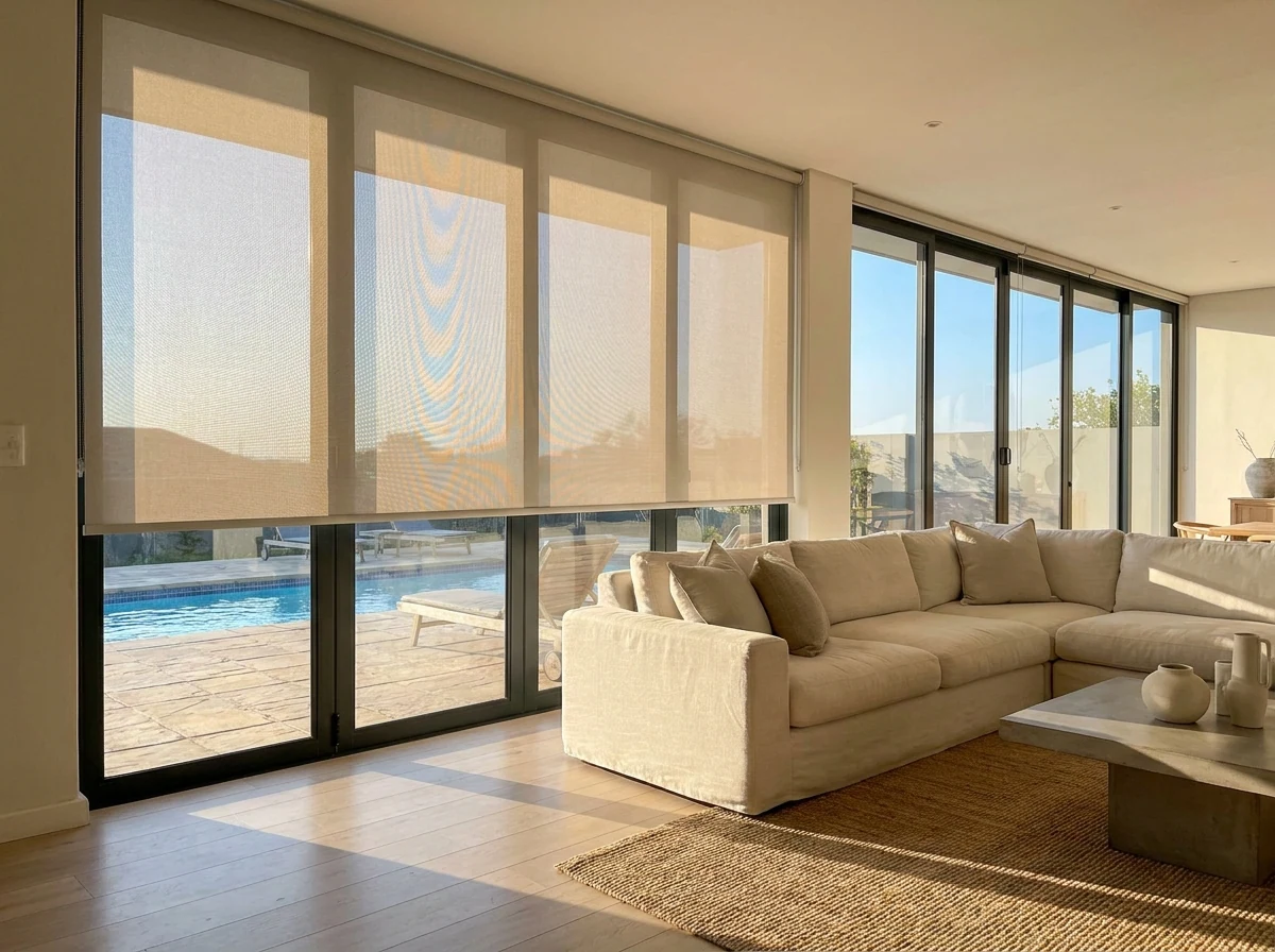Sunscreen roller blind partially lowered over glass doors, a pool deck still visible outside
