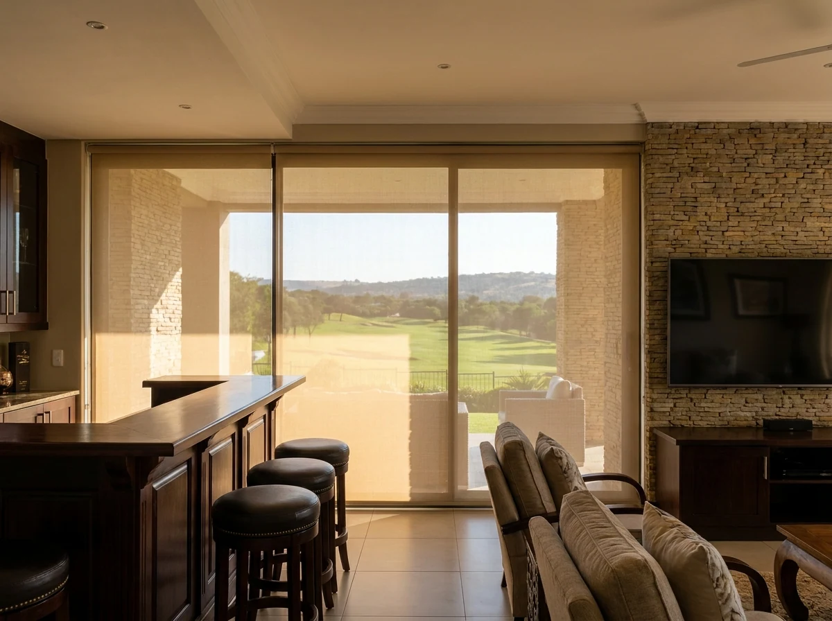 Sunscreen roller blind lowered over entertainment-room glass, the golf fairway still visible through the mesh