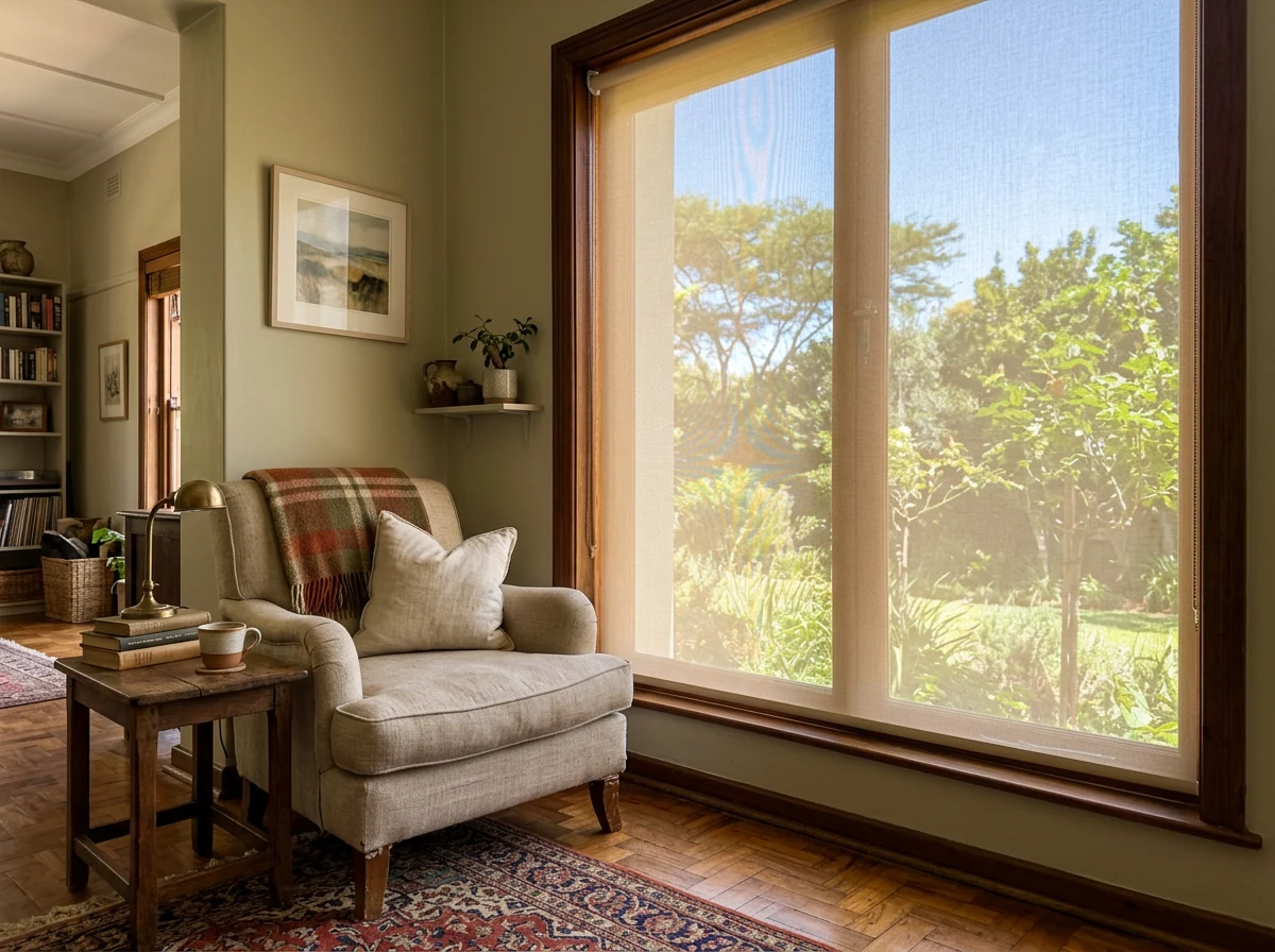 Sunscreen roller blind lowered beside an armchair reading corner, garden trees still visible