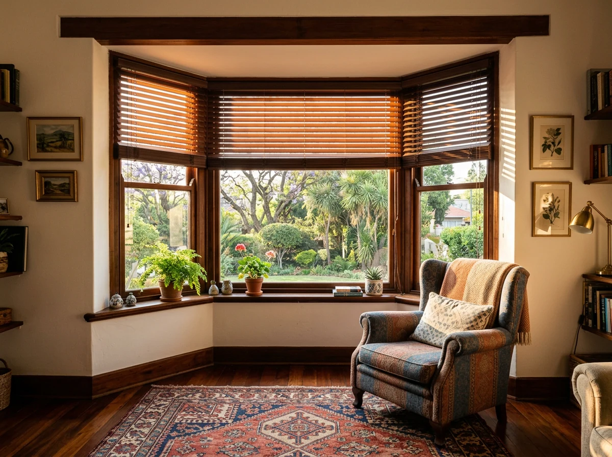 Timber venetian blind tilted over a bay window in a warm living room, slats glowing in late afternoon sun