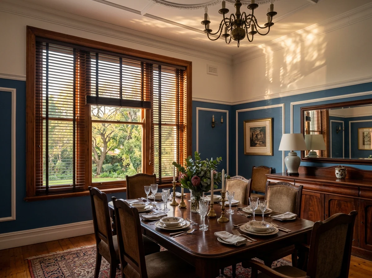 Timber venetian blind tilted over a dining-room window, wooden slats steering warm light onto the ceiling