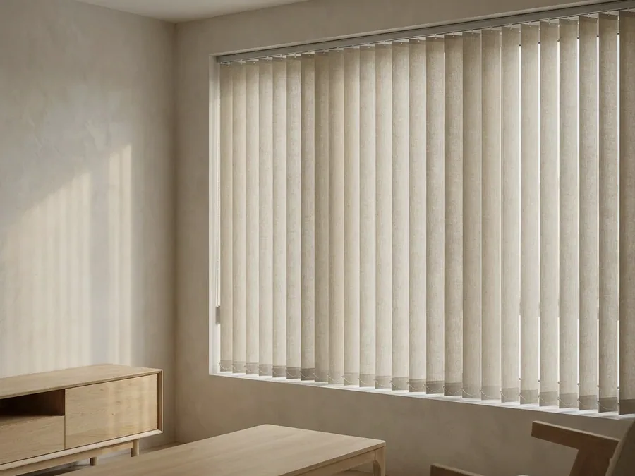 Vertical blind with hanging fabric vanes drawn across a wide window in a living room