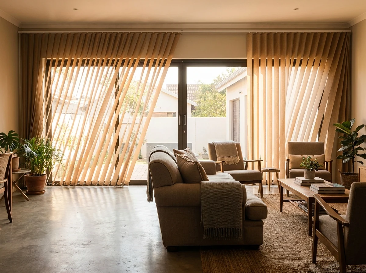 Vertical blinds hanging across a wide sliding door in a garage-conversion living room, vanes angled to filter sun