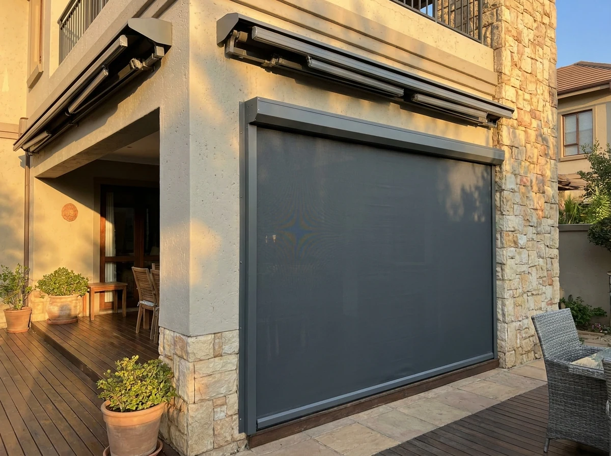 Zip screen lowered beside a folded awning headbox on a patio wall